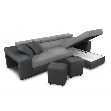 Linkes Ecksofa Stilo, umwandelbar mit Stauraum und 2 Hockern