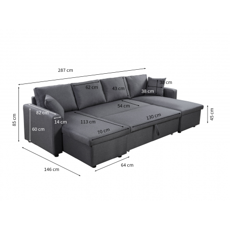 Panoramisches Sofa Maria U ausziehbar mit 2 Stauräumen