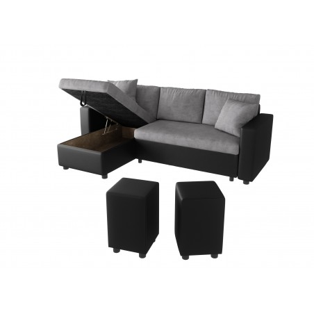 Ecksofa Maria, umkehrbar und umwandelbar mit 2 Hockern