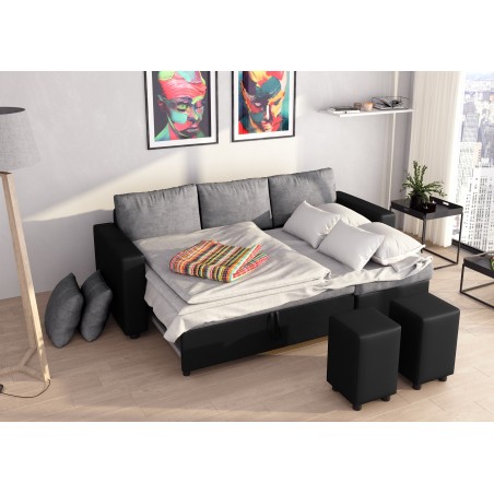 Ecksofa Maria, umkehrbar und umwandelbar mit 2 Hockern