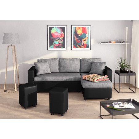 Ecksofa Maria, umkehrbar und umwandelbar mit 2 Hockern