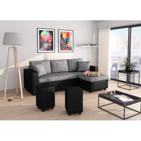 Ecksofa Maria, umkehrbar und umwandelbar mit 2 Hockern