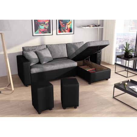 Ecksofa Maria, umkehrbar und umwandelbar mit 2 Hockern