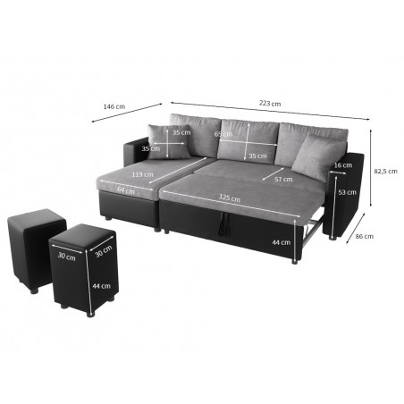 Ecksofa Maria, umkehrbar und umwandelbar mit 2 Hockern