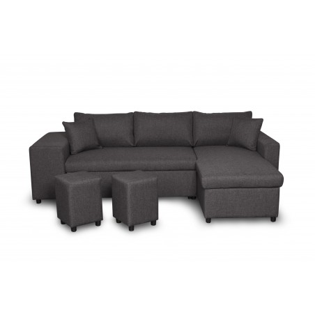 Linkes Ecksofa Maria Plus mit umwandelbarer Funktion, fester Nische auf der linken Seite und 2 Hockern