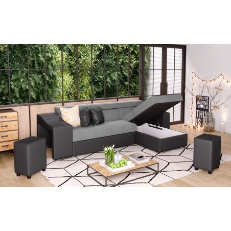 Linkes Ecksofa Stilo, umwandelbar mit Stauraum und 2 Hockern