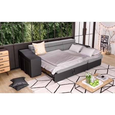 Linkes Ecksofa Stilo, umwandelbar mit Stauraum und 2 Hockern