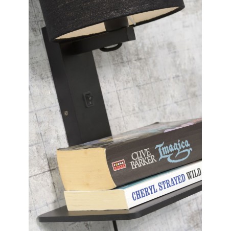 Wandlampe Andes aus schwarzem Bambus und Leinen mit Regal