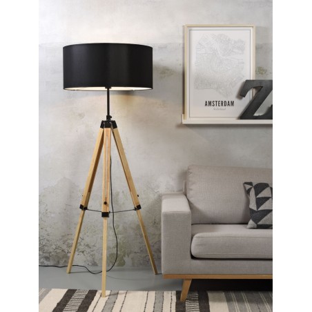 Stehlampe Darwin aus Holz und schwarzem Eisen