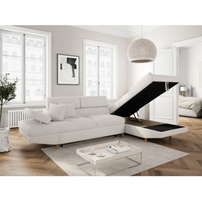 Rio Scandinave gerades ausziehbares Ecksofa aus Bouclette-Stoff mit Holzbeinbox