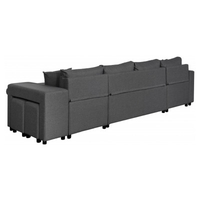 Sofá convertible panorámico Maria U Plus, nicho a la derecha, con 2 cajas y 2 pufs de tela