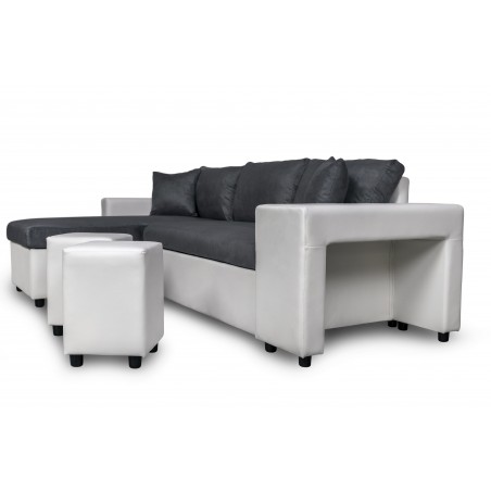 Canapé d'angle droit convertible Maria Plus avec niche fixe à droite et 2 poufs