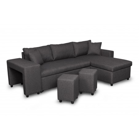 Canapé d'angle gauche convertible Maria Plus avec niche fixe à gauche et 2 poufs