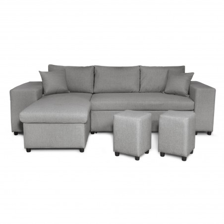 Canapé d'angle droite convertible Maria Pac avec niche fixe à droite et étagère à gauche et 2 poufs