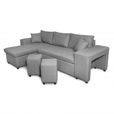 Canapé d'angle droite convertible Maria Pac avec niche fixe à droite et étagère à gauche et 2 poufs