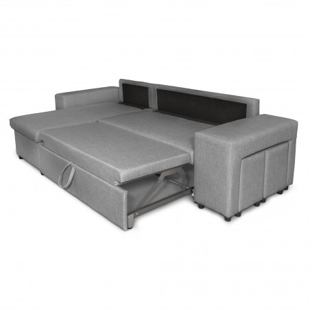 Canapé d'angle droite convertible Maria Pac avec niche fixe à droite et étagère à gauche et 2 poufs