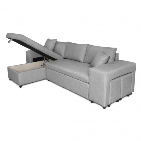 Canapé d'angle droite convertible Maria Pac avec niche fixe à droite et étagère à gauche et 2 poufs