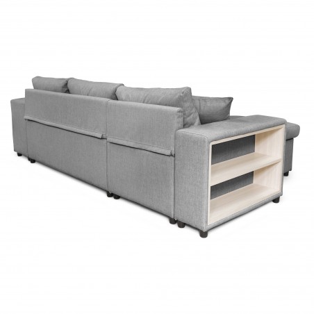 Canapé d'angle droite convertible Maria Pac avec niche fixe à droite et étagère à gauche et 2 poufs