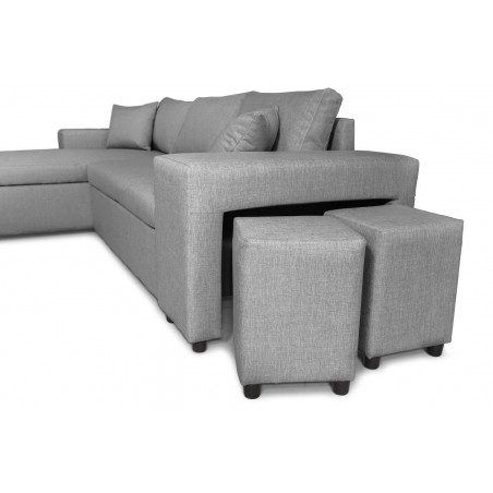 Canapé d'angle droite convertible Maria Pac avec niche fixe à droite et étagère à gauche et 2 poufs