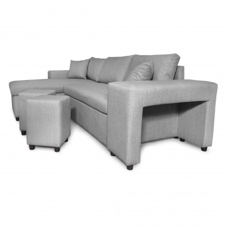 Canapé d'angle droite convertible Maria Pac avec niche fixe à droite et étagère à gauche et 2 poufs