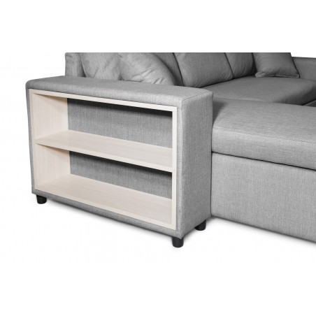 Canapé d'angle droite convertible Maria Pac avec niche fixe à droite et étagère à gauche et 2 poufs
