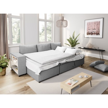 Canapé d'angle droite convertible Maria Pac avec niche fixe à droite et étagère à gauche et 2 poufs