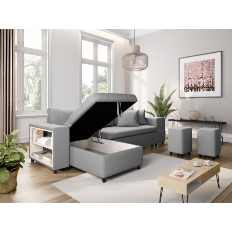 Canapé d'angle droite convertible Maria Pac avec niche fixe à droite et étagère à gauche et 2 poufs