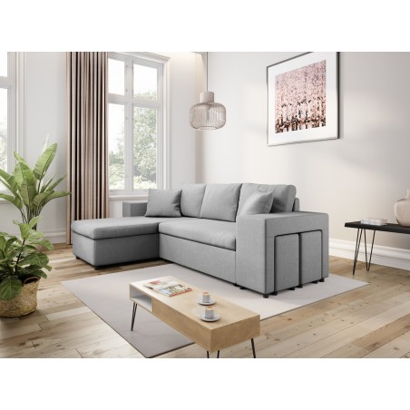 Canapé d'angle droite convertible Maria Pac avec niche fixe à droite et étagère à gauche et 2 poufs