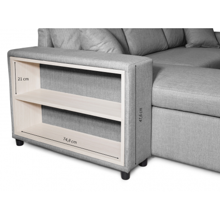 Canapé d'angle droite convertible Maria Pac avec niche fixe à droite et étagère à gauche et 2 poufs