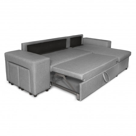 Canapé d'angle gauche convertible Maria Pac avec niche fixe à gauche et étagère à droite et 2 poufs