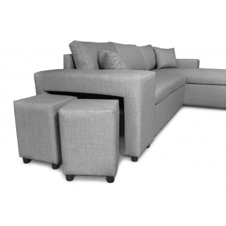 Canapé d'angle gauche convertible Maria Pac avec niche fixe à gauche et étagère à droite et 2 poufs