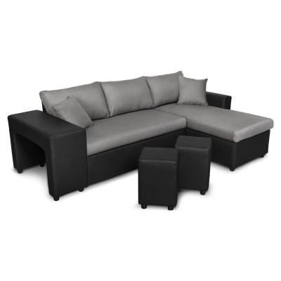 Canapé d'angle gauche convertible Maria Plus avec coffre et 2 poufs