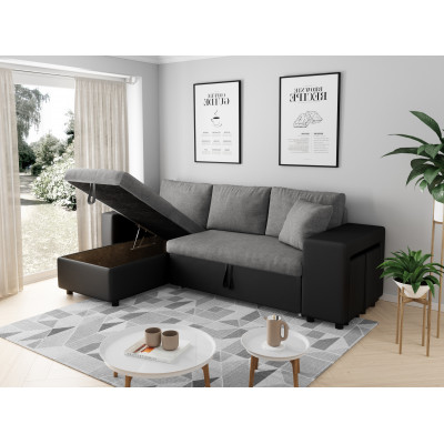 Canapé d'angle droit convertible Maria Plus avec coffre et 2 poufs