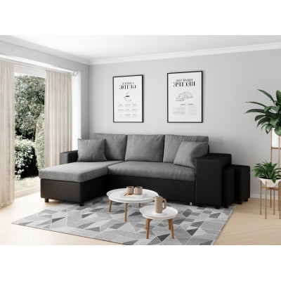 Canapé d'angle droit convertible Maria Plus avec coffre et 2 poufs