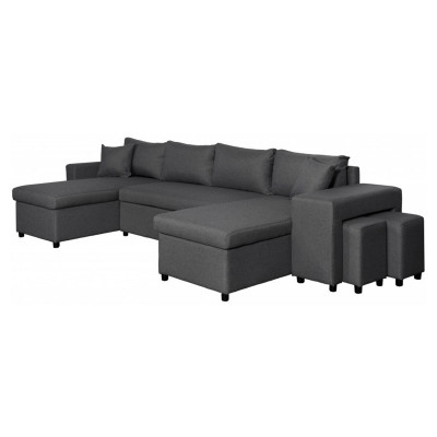 Canapé panoramique convertible niche à droite Maria U Plus avec 2 coffres et 2 poufs en tissu