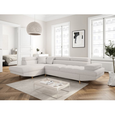 Canapé d'angle Rio Scandinave convertible gauche en tissu bouclette avec coffre pieds bois