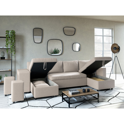 Canapé panoramique convertible niche à gauche Maria U Plus avec 2 coffres et 2 poufs en tissu