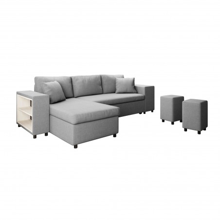 Maria Pac convertible right corner sofa with fixed niche on the right and shelf on the left and 2 poufs