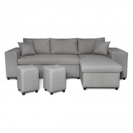 Maria Pac convertible left corner sofa with fixed niche on the left and shelf on the right and 2 poufs