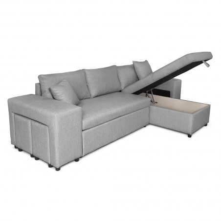 Maria Pac convertible left corner sofa with fixed niche on the left and shelf on the right and 2 poufs