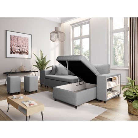 Maria Pac convertible left corner sofa with fixed niche on the left and shelf on the right and 2 poufs