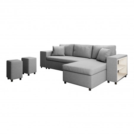 Maria Pac convertible left corner sofa with fixed niche on the left and shelf on the right and 2 poufs