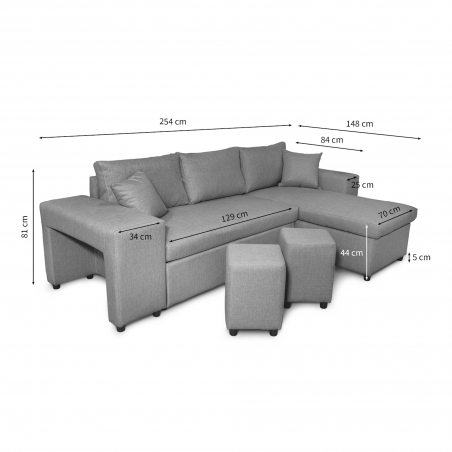 Maria Pac convertible left corner sofa with fixed niche on the left and shelf on the right and 2 poufs