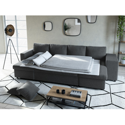 Maria U Plus panoramic convertible sofa, niche on the right, with 2 boxes and 2 fabric poufs