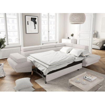Rio Scandinave straight convertible corner sofa in bouclette fabric with wooden legs box