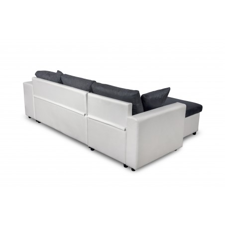 Maria Plus kampinė dešinė sofa-lova su fiksuota niša dešinėje ir 2 pufais