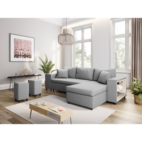 Maria Pac kabrioletas kairiojo kampo sofa su fiksuota niša kairėje ir lentyna dešinėje ir 2 pufai