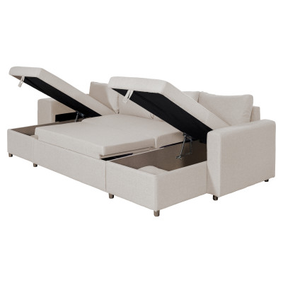 Maria U Plus panoraminė kabrioleto sofa, niša kairėje, su 2 dėžutėmis ir 2 audinio pufais