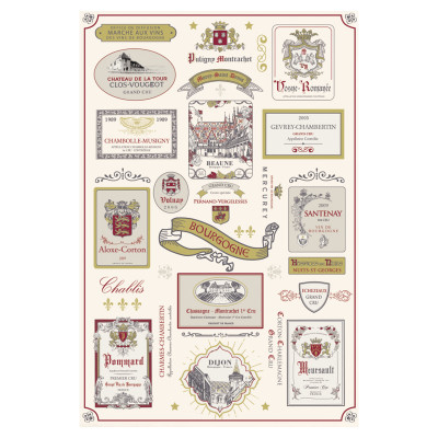 Bordeauxrode theedoek met meerdere labels