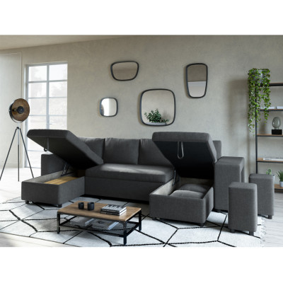 Sofa panoramiczna Maria U Plus, wnęka po prawej stronie, z 2 pudełkami i 2 pufami z tkaniny